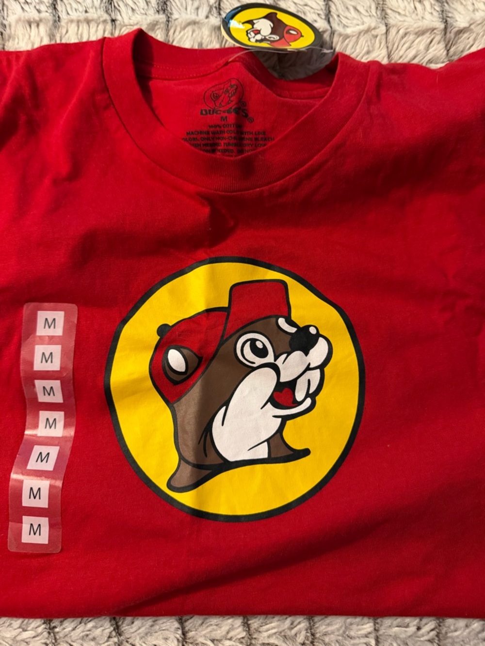 Bucilla Red Short Sleeve Graphic Tee with Yellow Circle Mascot
